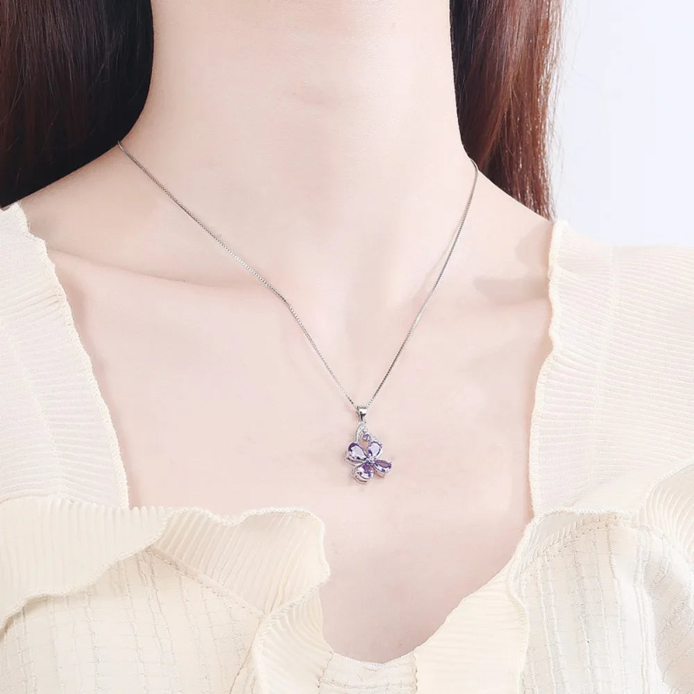 Four-leaf Clover Sterling Silver Necklace Amethyst Pendant