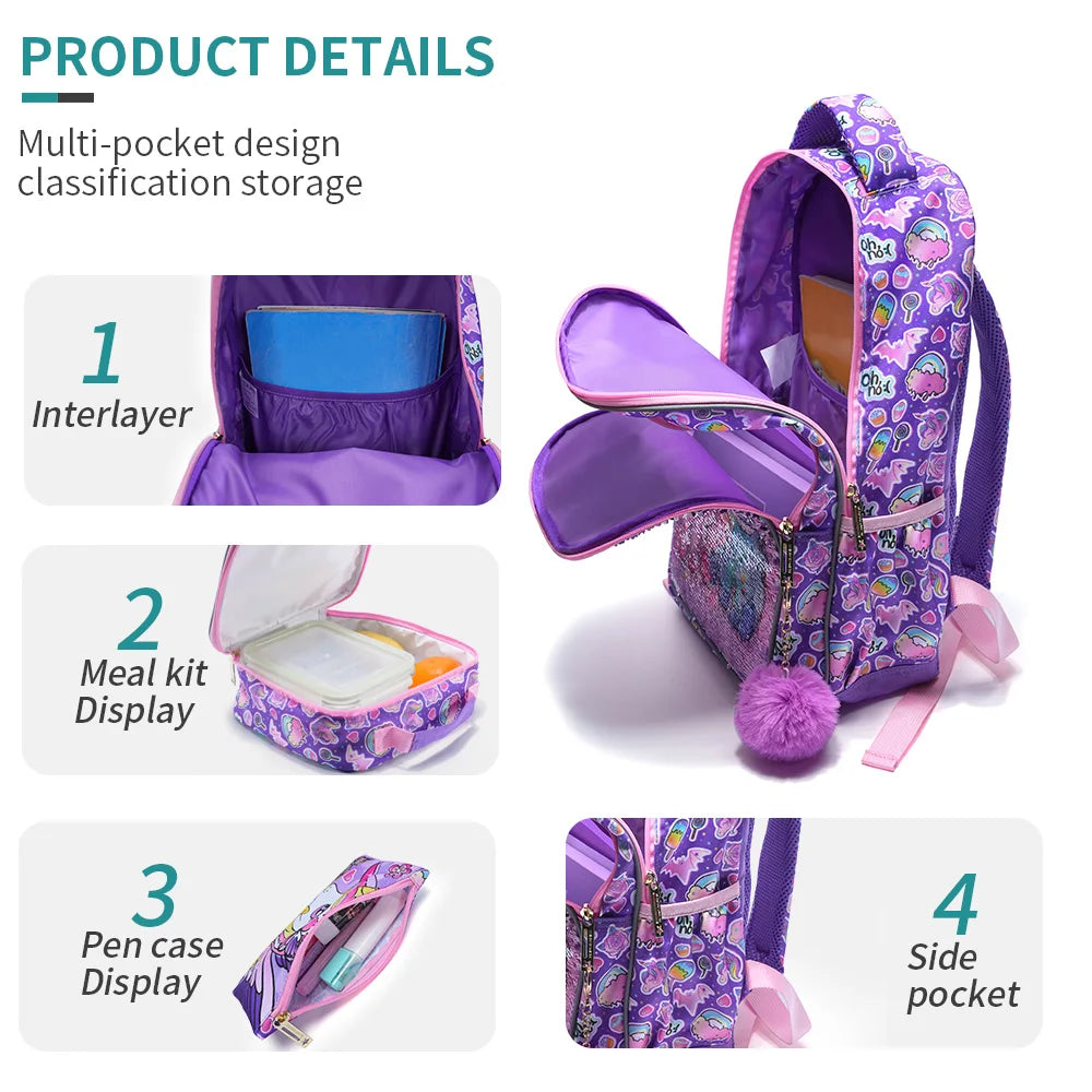 3PCS Kids travel bag, Luggage Bag, Bookbag, With Lunch Box And Pen Bag, Cute Cartoon Purple Unicorn Sequin, Nighttime reflective