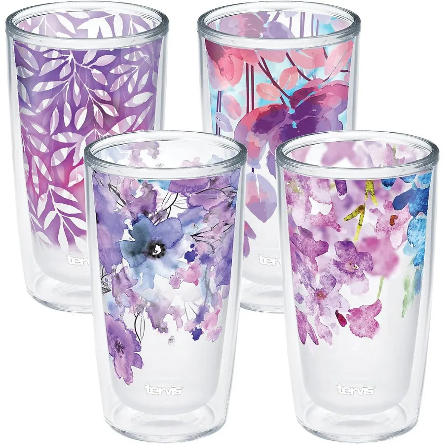 Double Walled Watercolor Floral Purple - Crystal Insulated Tumbler Cup Keeps Drinks Cold & Hot, 16oz - 4pk