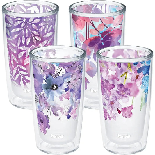 Double Walled Watercolor Floral Purple - Crystal Insulated Tumbler Cup Keeps Drinks Cold & Hot, 16oz - 4pk