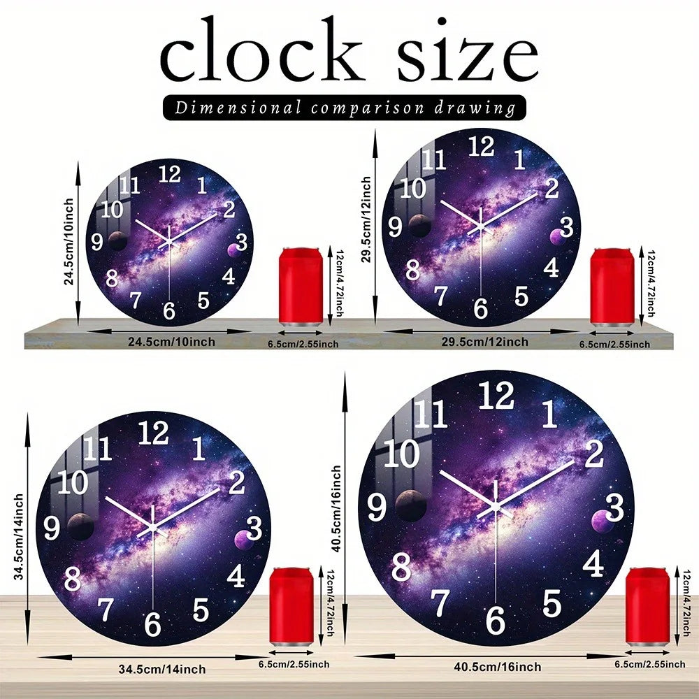 Wooden Wall Clock, Purple Galaxy with Planets