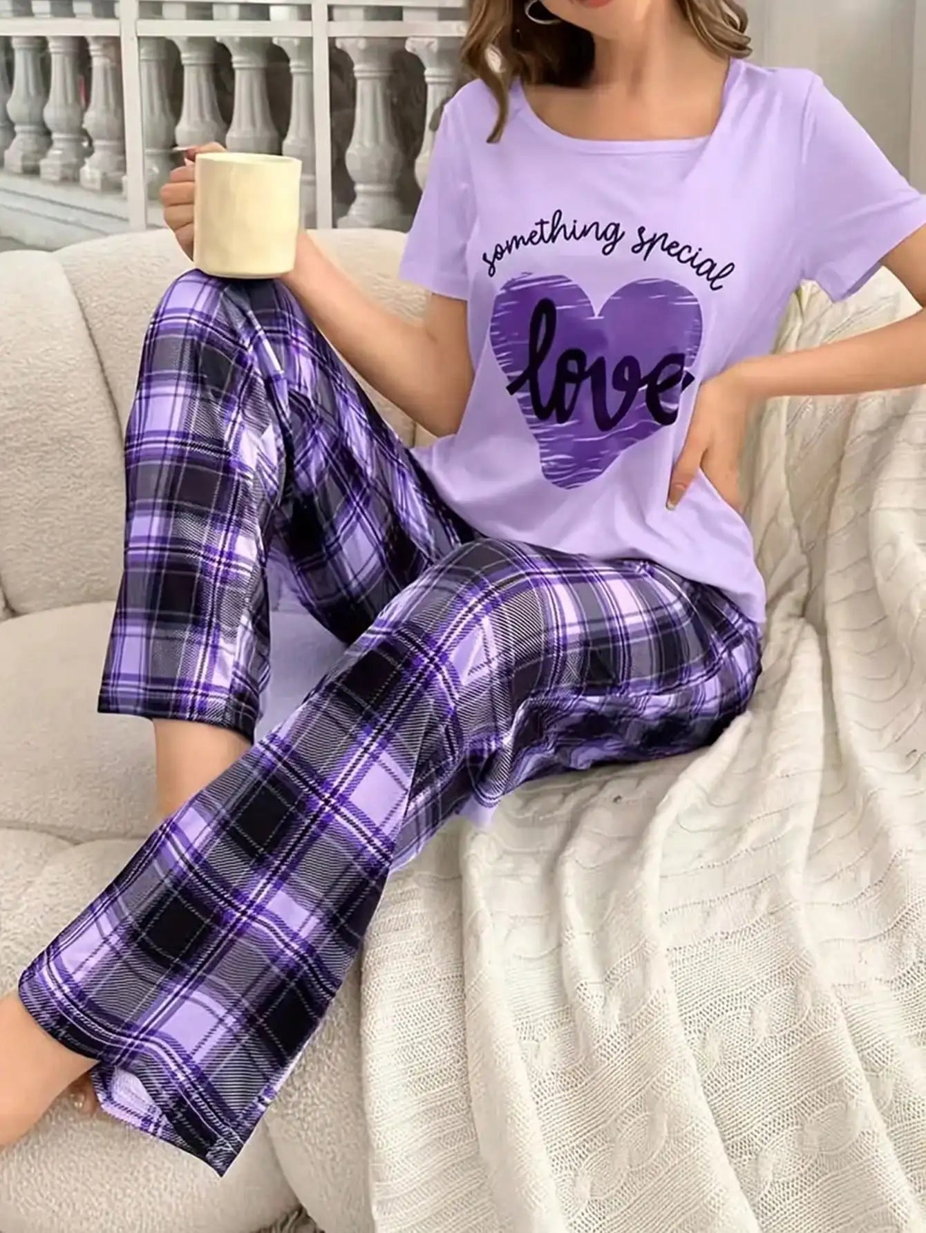 Purple Plaid Lounge Set with Heart Graphic Top for Women