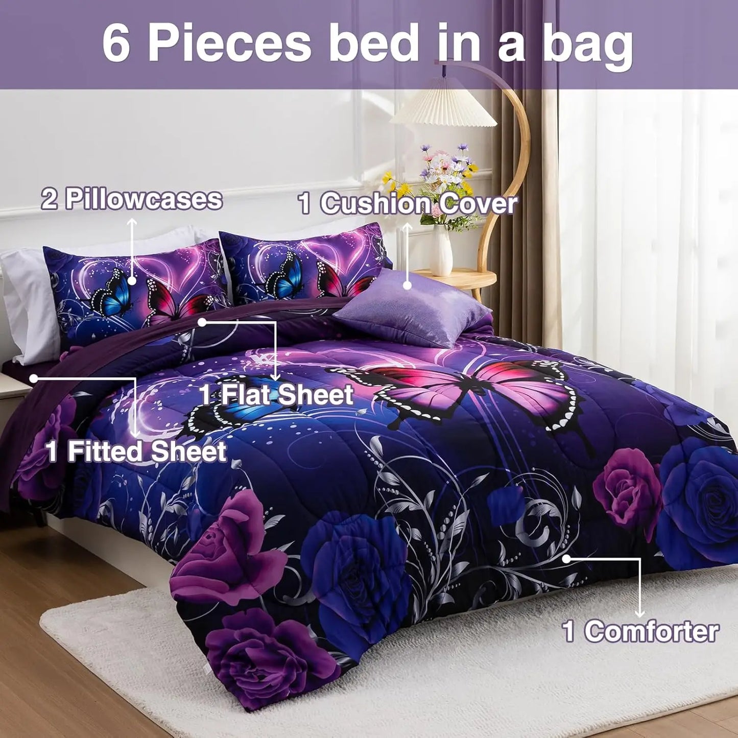 Dreamy Purple Butterfly Bedding Set with Black & Purple Comforter-Queen size