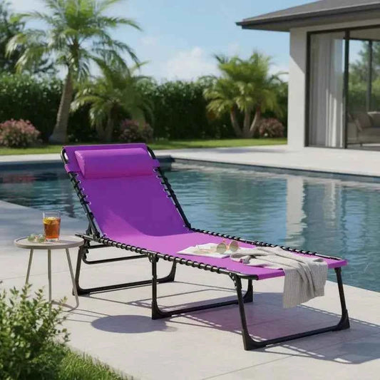 Folding Chaise Lounge Pool Chair with 4-Position Reclining Back, Pillow, Breathable Mesh