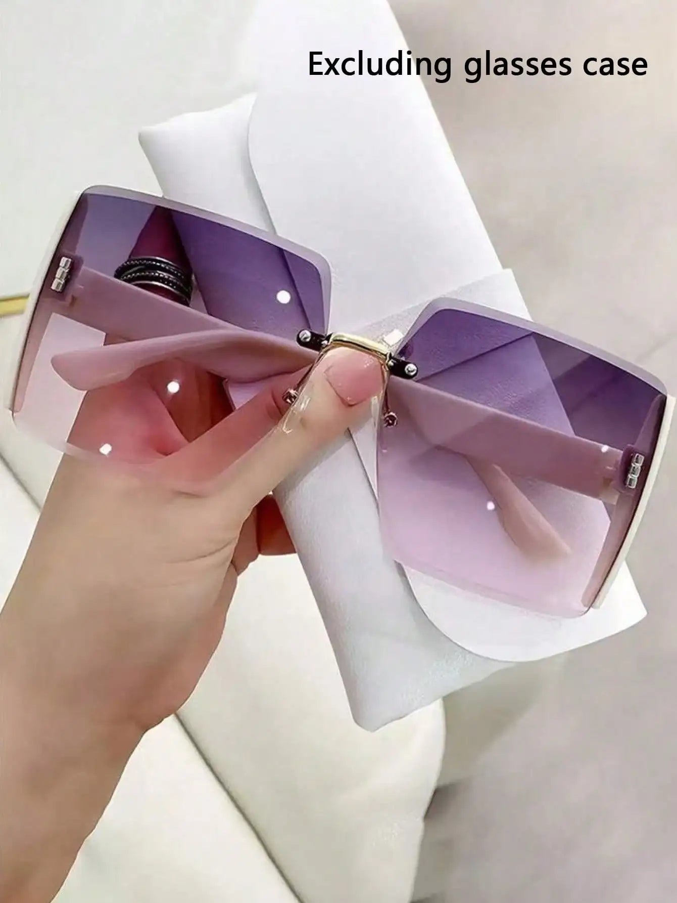 Oversized Square Rimless Sunglasses with Gradient Purple Lenses and Gold Accents