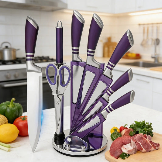 9-Piece Purple Kitchen Knife Set Sharp Wear-Resistant 3CR13 Stainless Steel Hollow Handle Ergonomic Chef Knife Set with Gift Box
