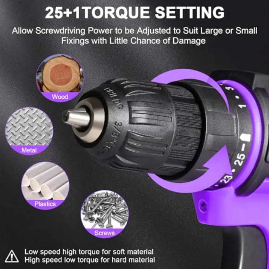 Purple Cordless Drill Set20V Drill Driver with Battery and Charger 3/8-Inch Keyless Chuck Variable Speed with Drills Bits Set