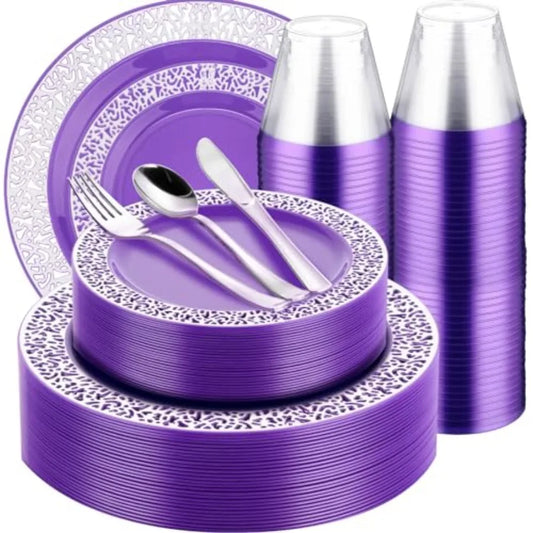 150 Pcs Plastic Dinnerware Set with 10.2'' Dinner Plates 7.5'' Salad Plates 9 oz Rimmed Cups Knives Forks and Spoons for 25 Guests