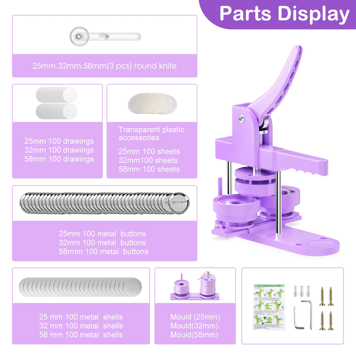 Purple Button Badge Maker Machine 25/32/58mm Button Pin Press Machine With Parts Supplies