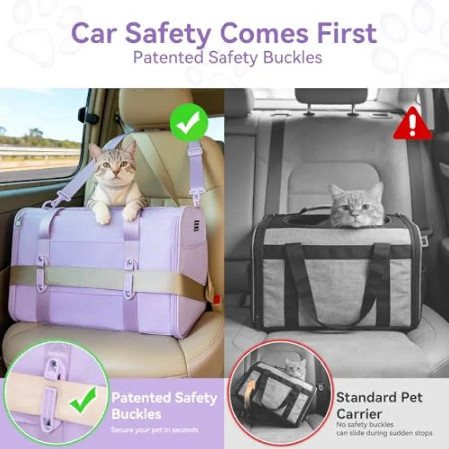 Soft-Sided Cat Carrier with Patented Safety Buckles Lockable Zippers Safety Tether Escape-Resistant