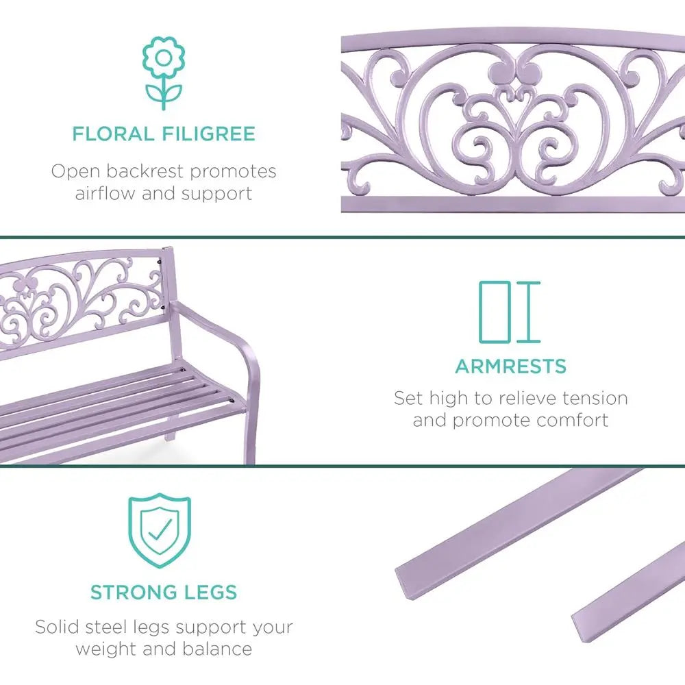 Lavender Steel Outdoor Bench with Floral Backrest
