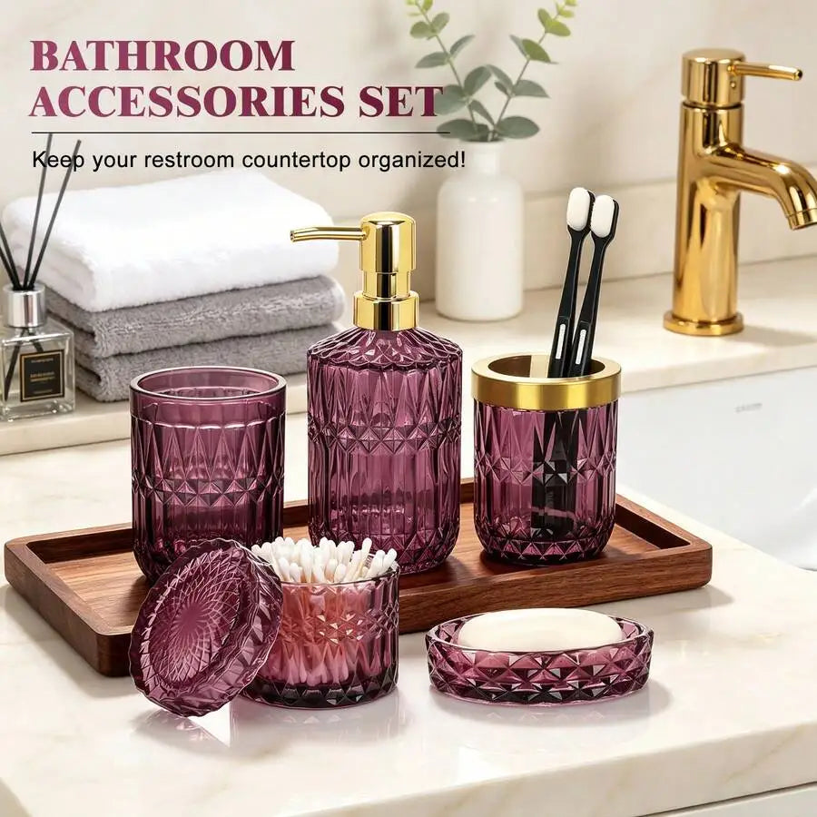 Luxury dark reddish purple glass bathroom 5-piece set: diamond-cut hand sanitizer bottle, mouthwash cup, toothbrush holder, cotton swab jar, soap dish. Nordic-style bathroom toiletry set