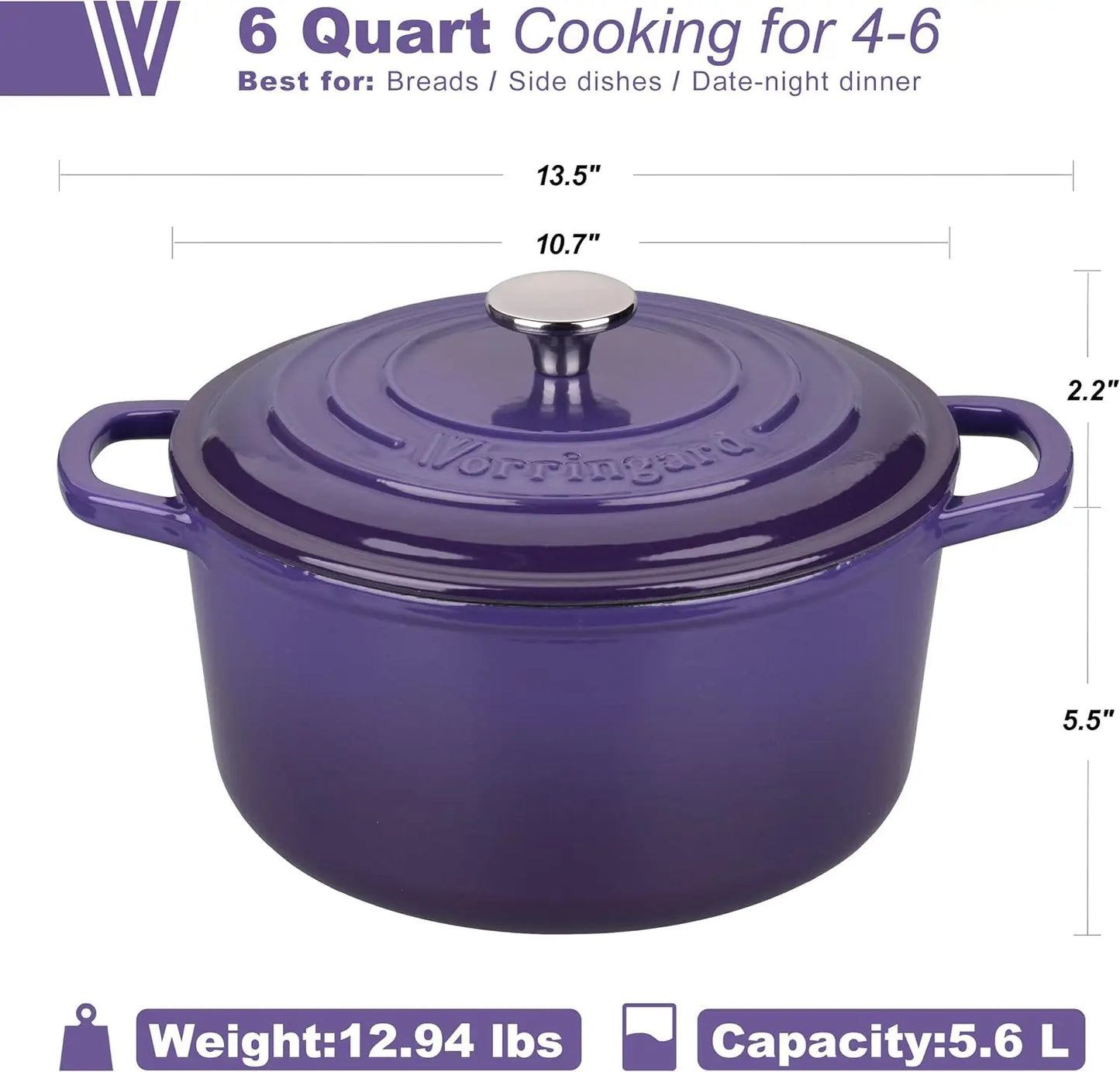 Purple Enameled Cast Iron Dutch Oven, 6 Quart, for Baking Bread & Slow Cooking