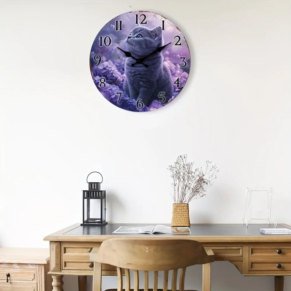 1pc Wooden Wall Clock with Purple Cat & Floral Design, silent