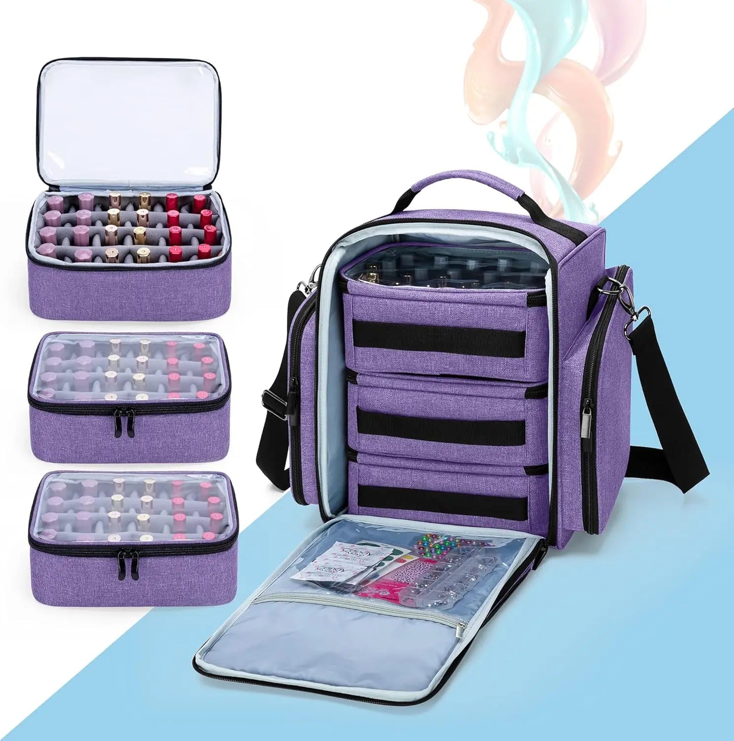 Nail Polish Organizer Holds 72 Bottles, Large Nail Polish Case with 3 Removable Pouches and Multiple Storage Sections, Purple