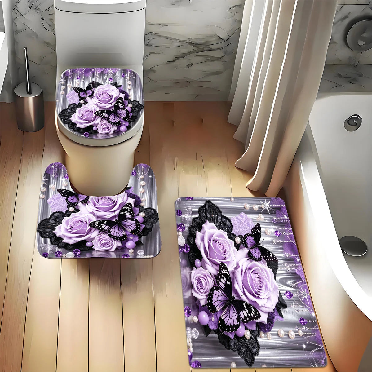 4Pcs - Fashionable Purple Lace Flower And Butterfly Printed Bath Curtain Set, Including Non-slip Bathroom, Thick U-shaped, Toilet Seat Cover,