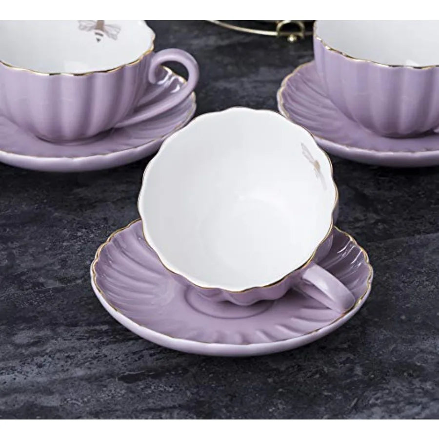 Fine China 8 OZ Coffee Cup/Teacup, Saucer, Spoons, Teapot, and Creamer Set 17-Piece Set