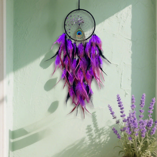 Handcrafted Dreamcatcher with Amethyst Stones and Owl Feathers for Boho Bedroom Wall Decor and Positive Energy