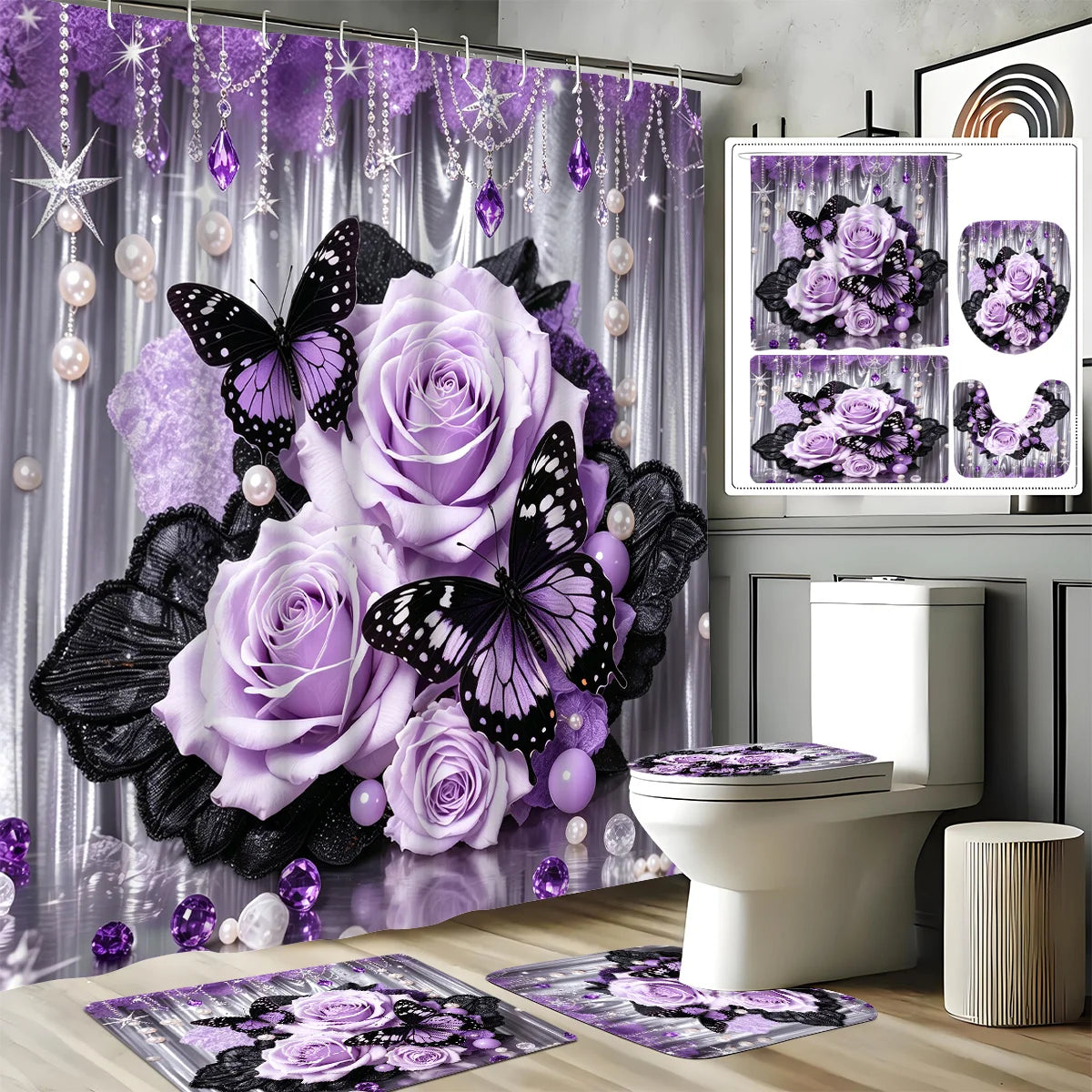 4Pcs - Fashionable Purple Lace Flower And Butterfly Printed Bath Curtain Set, Including Non-slip Bathroom, Thick U-shaped, Toilet Seat Cover,