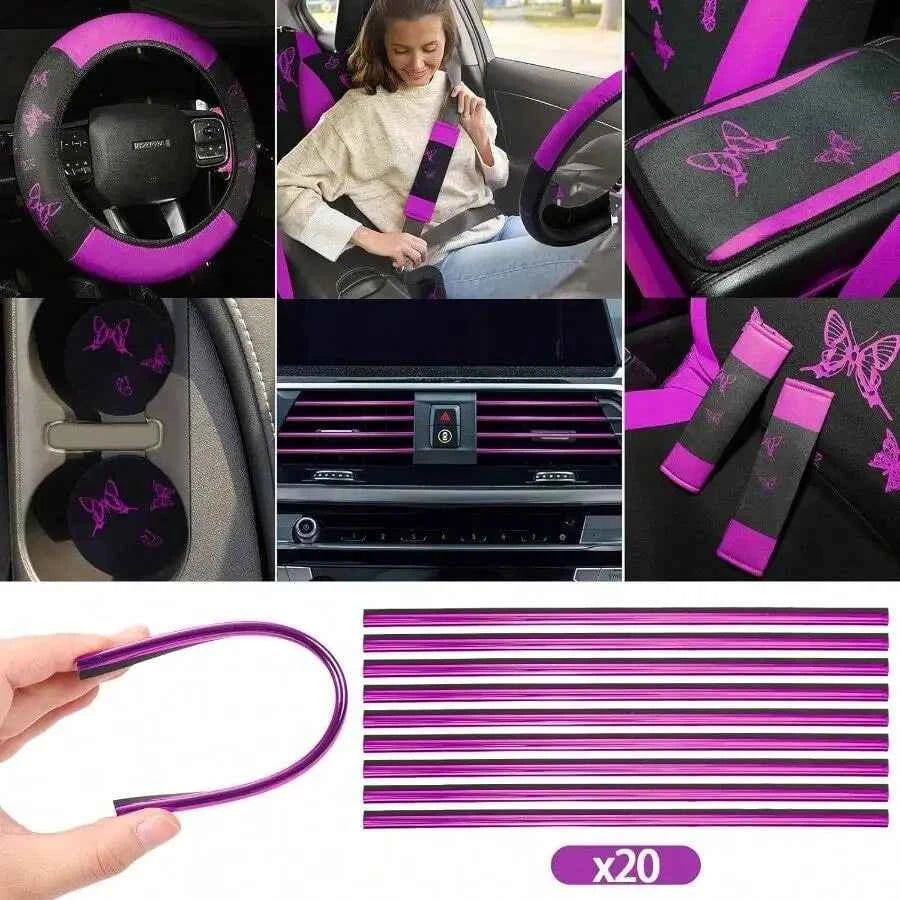Purple Butterfly Car Seat Cover Set: 5 Pieces For Front And Rear Seats, Wristbands, 2 Cup Coasters, Armrest Cushions, 2 Seatbelt