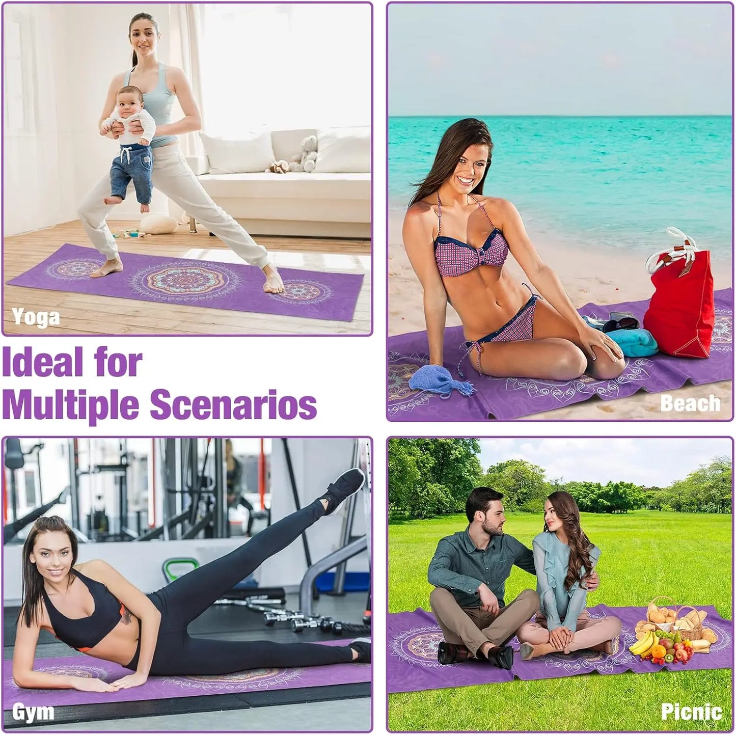 Non-Slip Yoga Mat Towel with Quick-Dry & Corner Pocket, Purple Mandala Pattern for Hot Yoga, Pilates, Gym