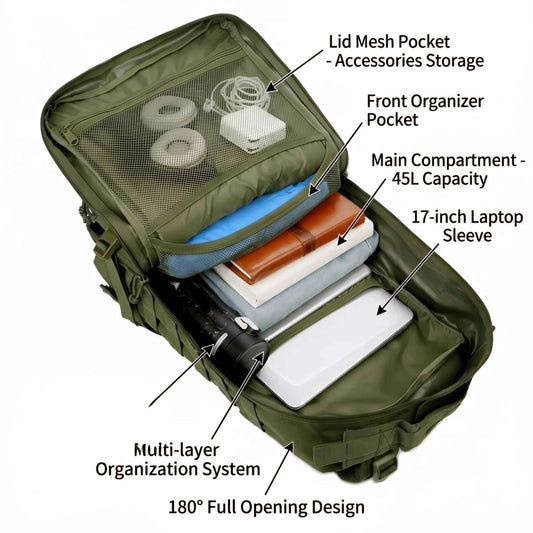 45L Tactical Travel Backpack, Large Capacity Multi Pocket Wear Resistan
