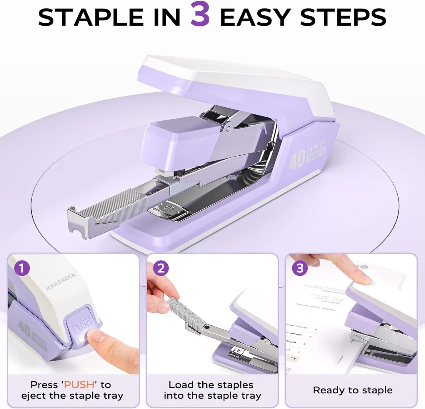 Effortless Desk Stapler, 40-50 Sheet Capacity, 1-Touch Stapling, Ergonomic Design, and Magnetic Staple Remover in Purple