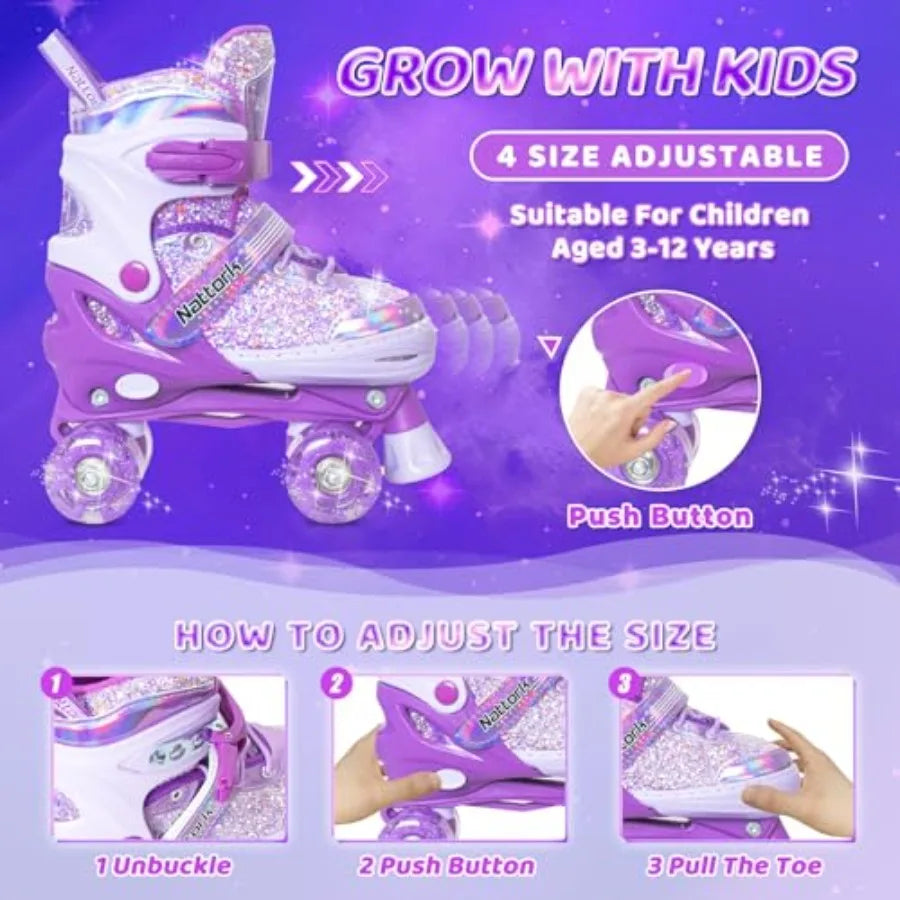 Roller Skates for Girls,4 Sizes Adjustable  with Light up Wheels and Safety Protection