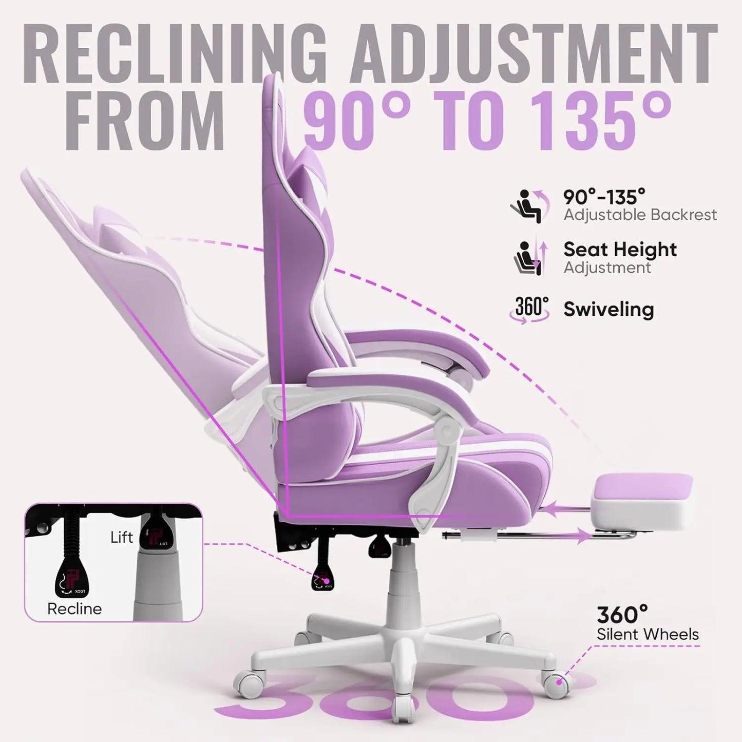 Gaming Chairs, Ergonomic Racing Style PC Game Computer Chair with Headrest Lumbar Support Adjustable Recliner