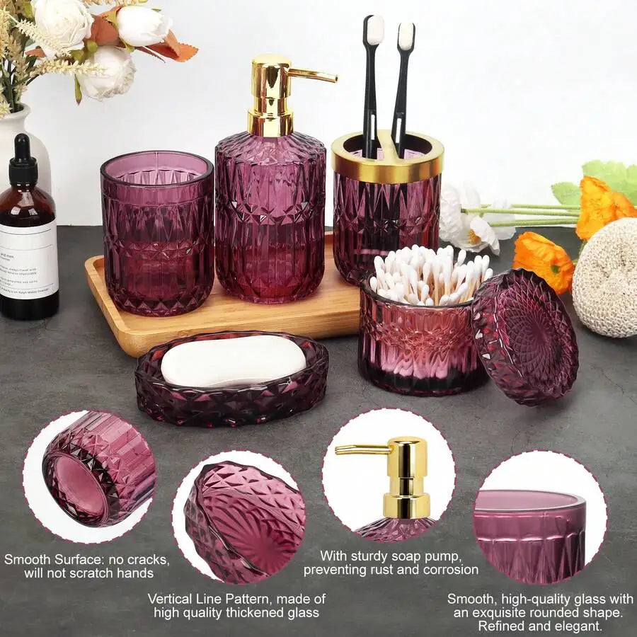 Luxury dark reddish purple glass bathroom 5-piece set: diamond-cut hand sanitizer bottle, mouthwash cup, toothbrush holder, cotton swab jar, soap dish. Nordic-style bathroom toiletry set