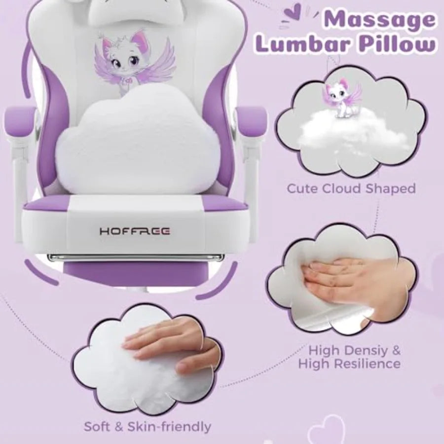 Purple PU Leather Gaming Chair with Cat Ears Design and Built-in Massage Function