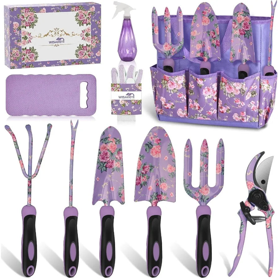 10Piece Heavy Duty Purple Garden Tool Set with Handle for Outdoor Gardening Durable Fashion Garden Supplies Organizer Handbag