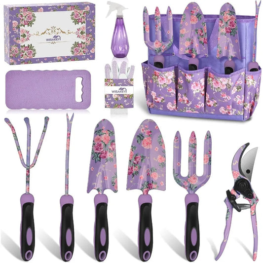 10Piece Heavy Duty Purple Garden Tool Set with Handle for Outdoor Gardening Durable Fashion Garden Supplies Organizer Handbag