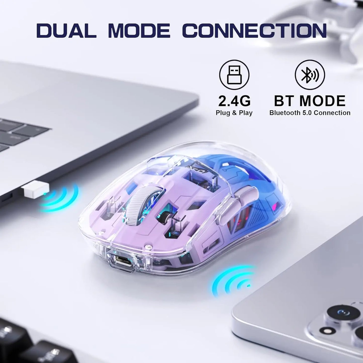 A2 Transparent Wireless Gaming Mouse, BT 5.0/2.4G PC Rechargeable