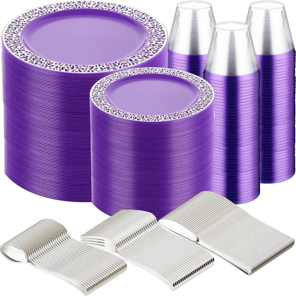 600 Pcs Plastic Dinnerware Set, 100 ea Dinner & Salad Plates, Silverware, and cups