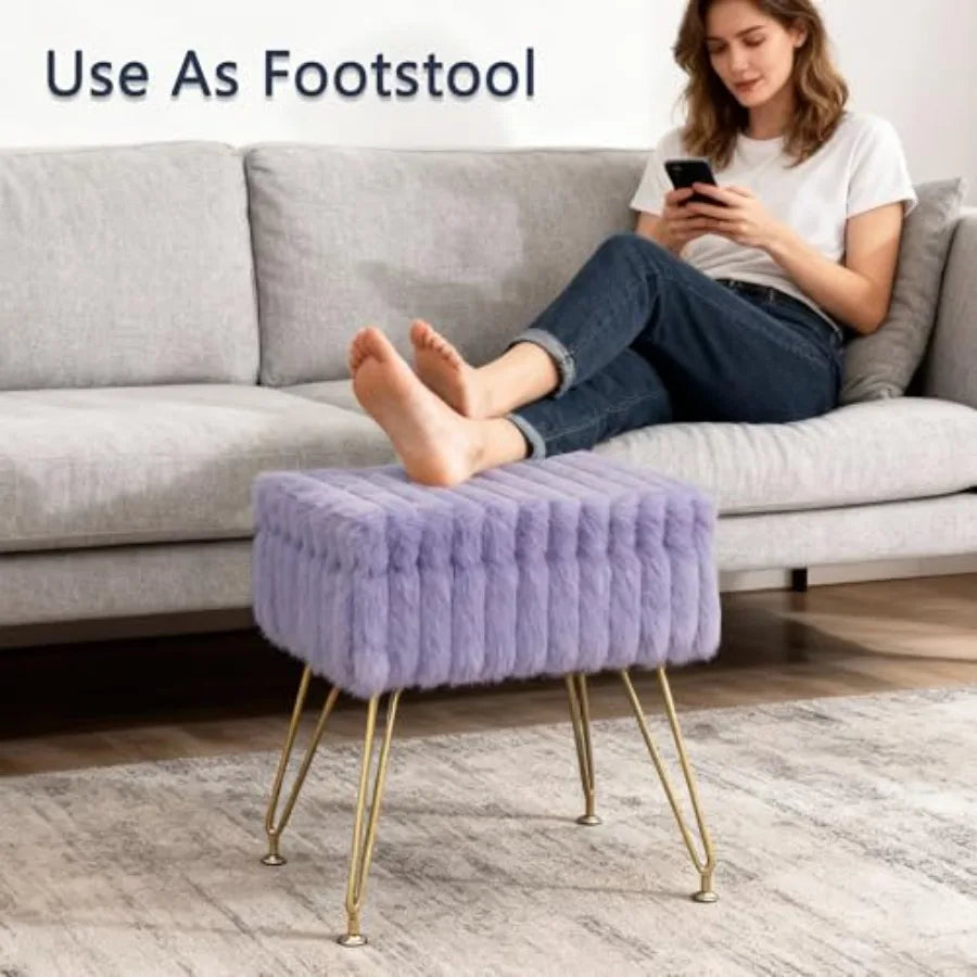 Vanity Stool Chair with Storage Faux Fur Soft Padded Ottoman