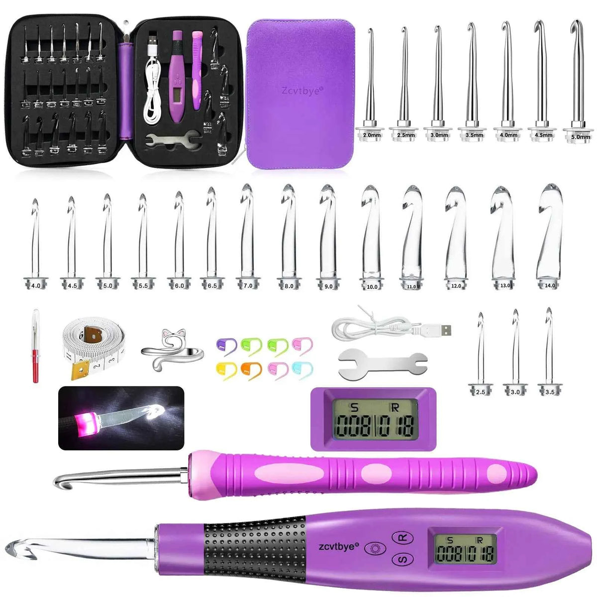 24PCS Crochet Hook Set With  LED  Light & Row Digital Counter