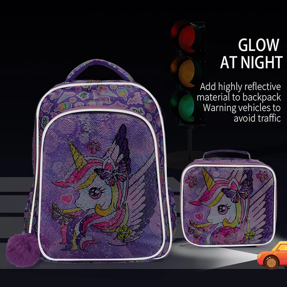 3PCS Kids travel bag, Luggage Bag, Bookbag, With Lunch Box And Pen Bag, Cute Cartoon Purple Unicorn Sequin, Nighttime reflective