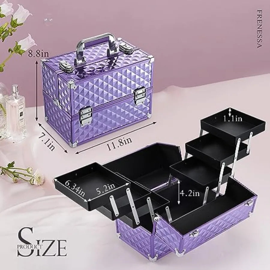 12 Inch Portable Makeup Train Case with 6 trays, lockable