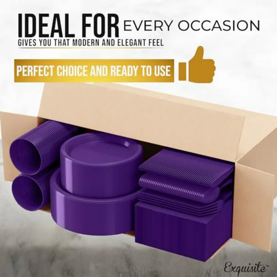 350 Pcs Purple Plastic Dinnerware set for 50 people. 9" & 7" plates, cups, napkins, utensils