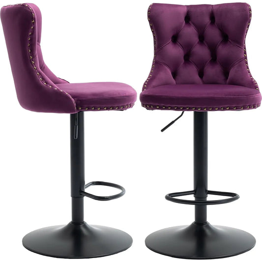 Velvet Swivel Bar Stools 2pc 25-33in Adjustable w/back with sliver or black base