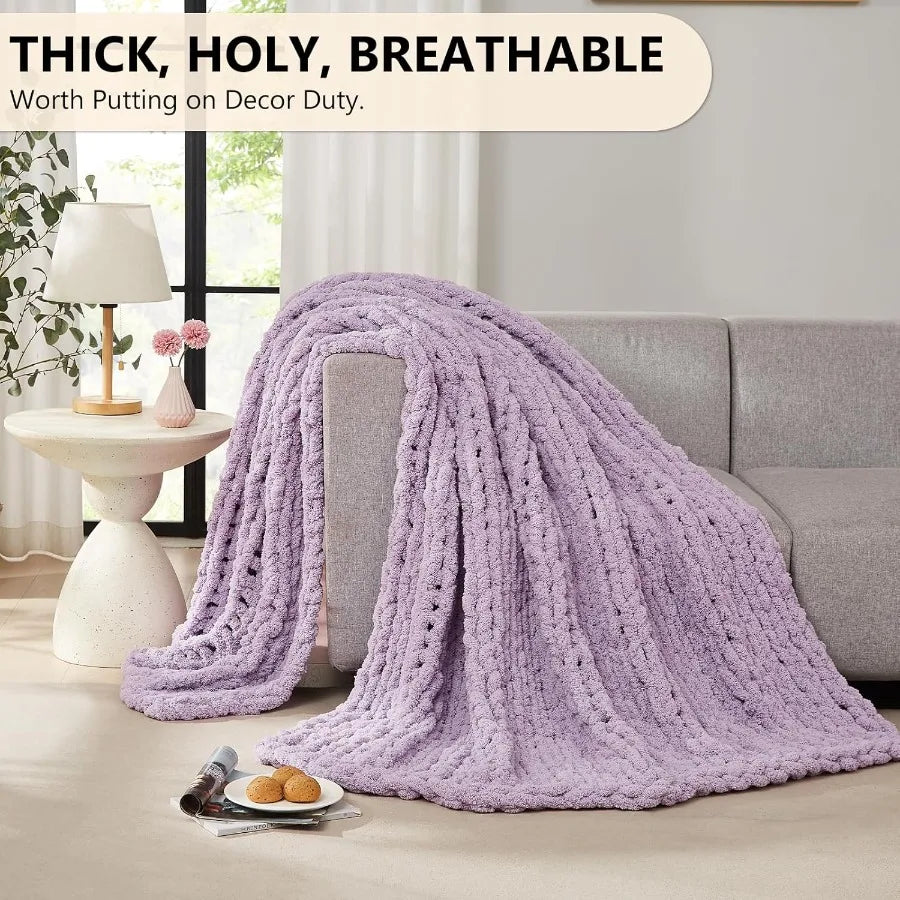 Handmade Large 80''x90'' Chunky Thick Cable-Knitted Chenille Blanket