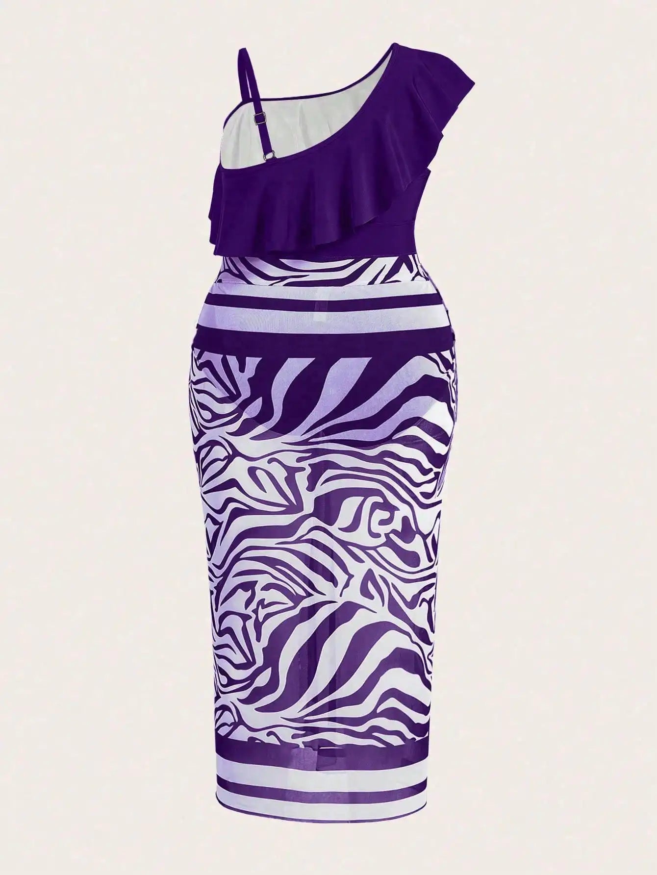 Plus Size Wome's Solid-Color Asymmetrical Ruffled One-Piece Swimsuit With Zebr-Print Wrap And Skirt Set