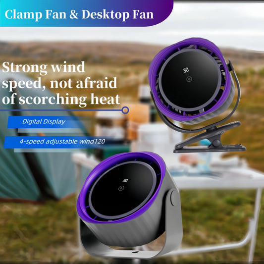 Portable Clip or Desktop Fan, Touch Screen 360° Adjustable, Rechargable battery