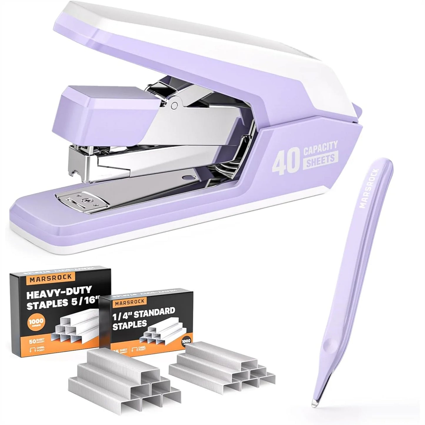 Effortless Desk Stapler, 40-50 Sheet Capacity, 1-Touch Stapling, Ergonomic Design, and Magnetic Staple Remover in Purple