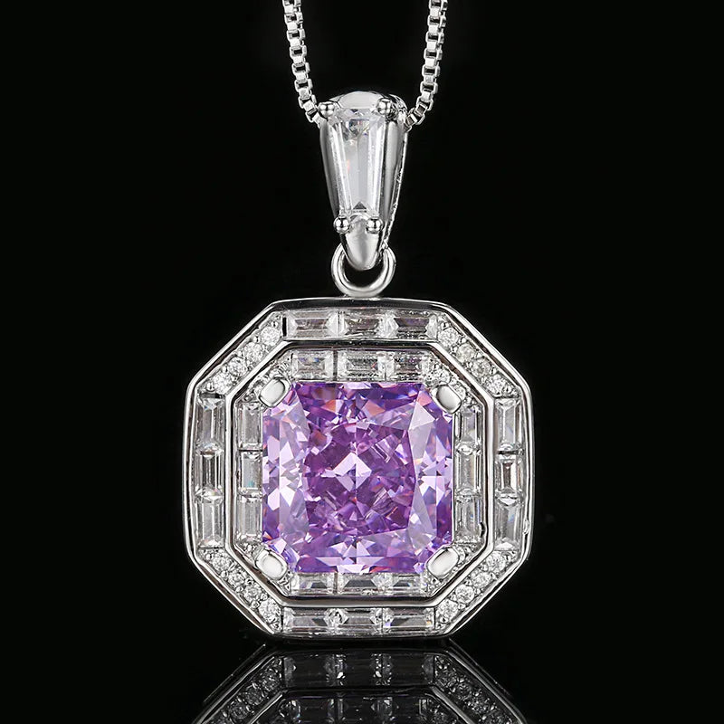 High Carbon Diamond Ice Flower Cut Purple Diamond Princess Square Set necklace or ring
