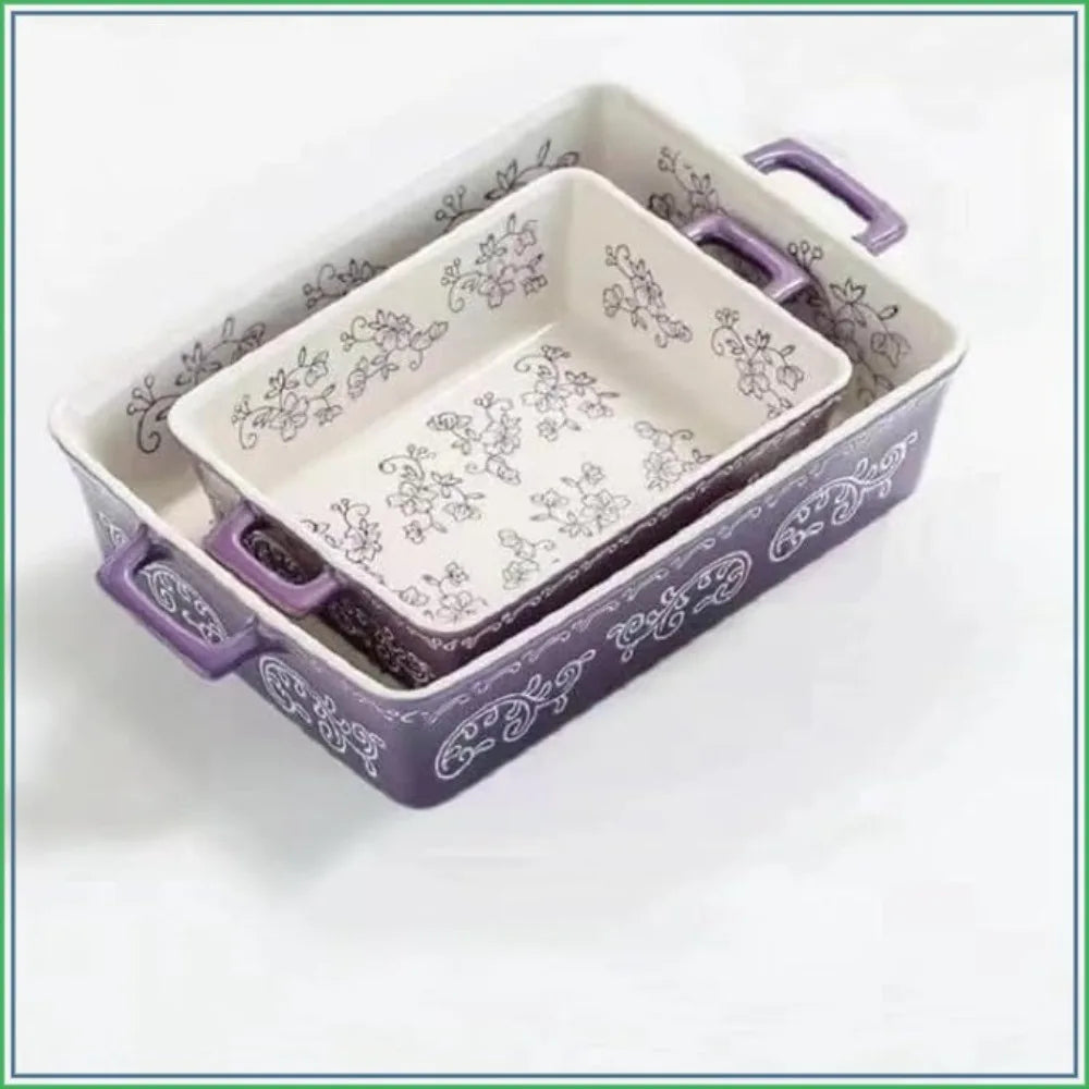Ceramic Baking Dishes for Oven Set of 2, Lasagna Pan Deep, Square Casserole Dish with Handles, Pattern Purple (11.4+8.5in)