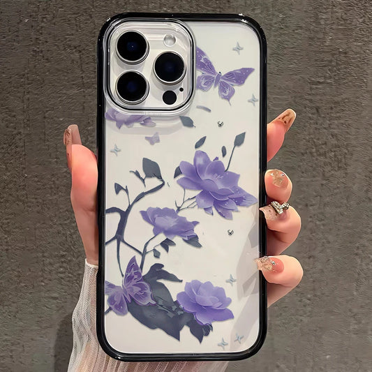 Purple Lotus Pattern Clear Phone Case For iPhone 11 13 Pro 12 15 14 16 Pro Max 15 Plus Hard PC Cover