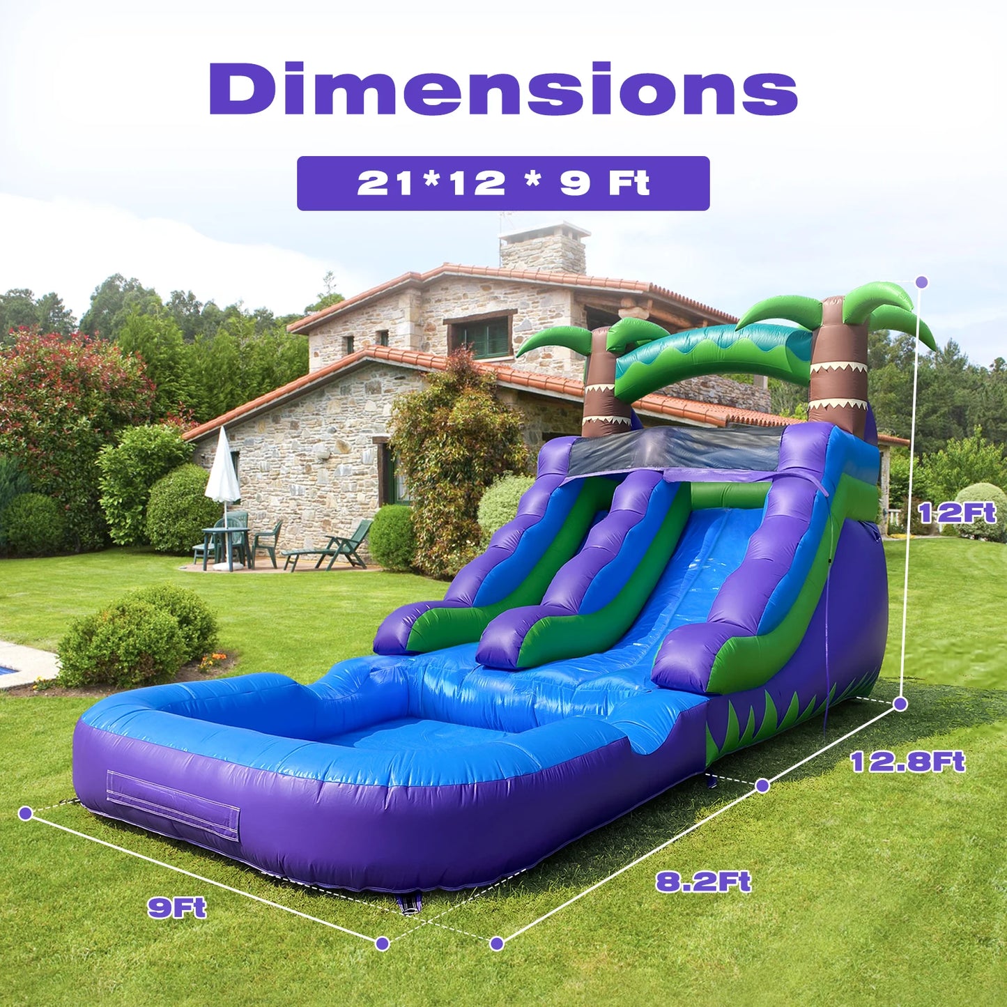Inflatable Water Slide for Kids Vibrant Purple and Green Rainforest Design with Slip 'n Slide & Splash Pool