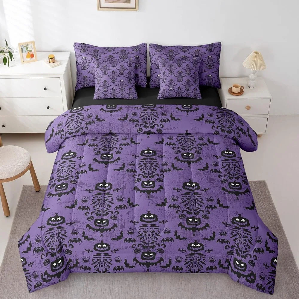 Purple Graffiti Gothic Style 7-Piece Bedding Set Including Comforter, Sheets, and Pillowcases, King